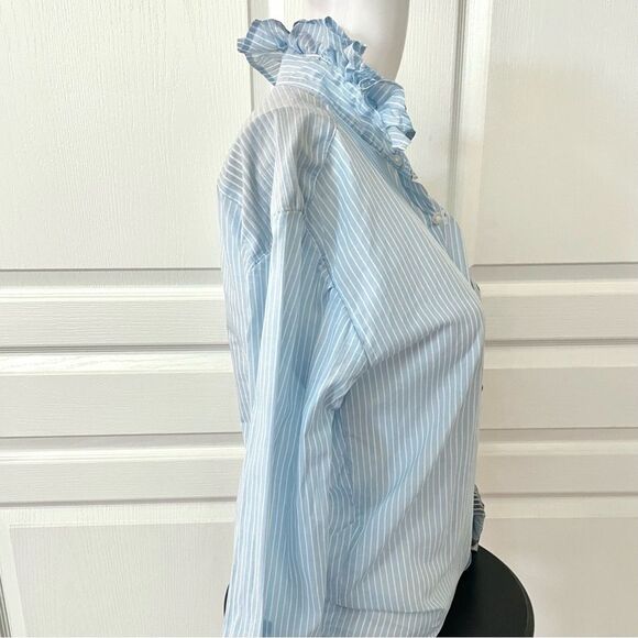 Lacoste UpCycled Handmade Blue Striped Ruffle Collar Button Down Shirt Size XS - Picture 4 of 16